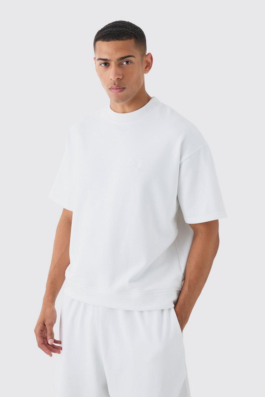 White Oversized Boxy Loopback Embroidered Half Sleeve Sweatshirt image number 1