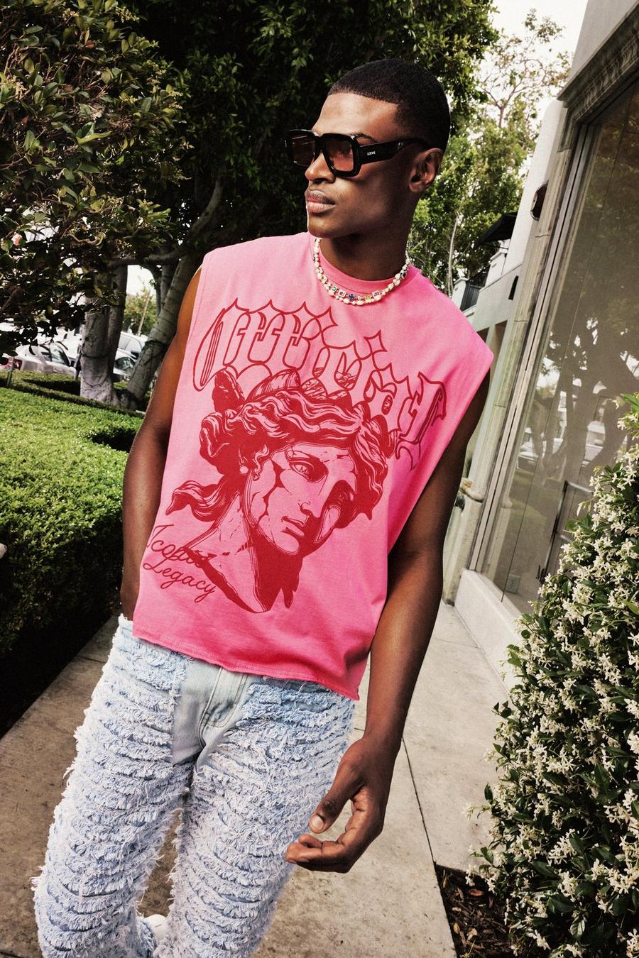 Pink Oversized Boxy Raw Hem Renaissance Official Printed Tank image number 1