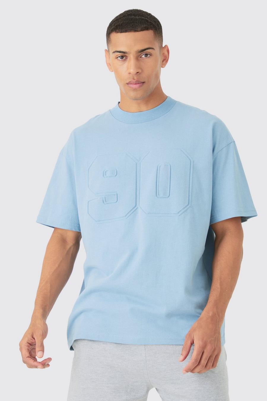 Denim-blue Oversized Extended Neck Varsity Embossed T-shirt