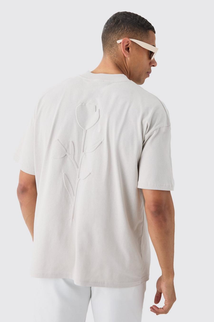 Light grey Oversized Extended Neck Rose Embossed T-shirt image number 1
