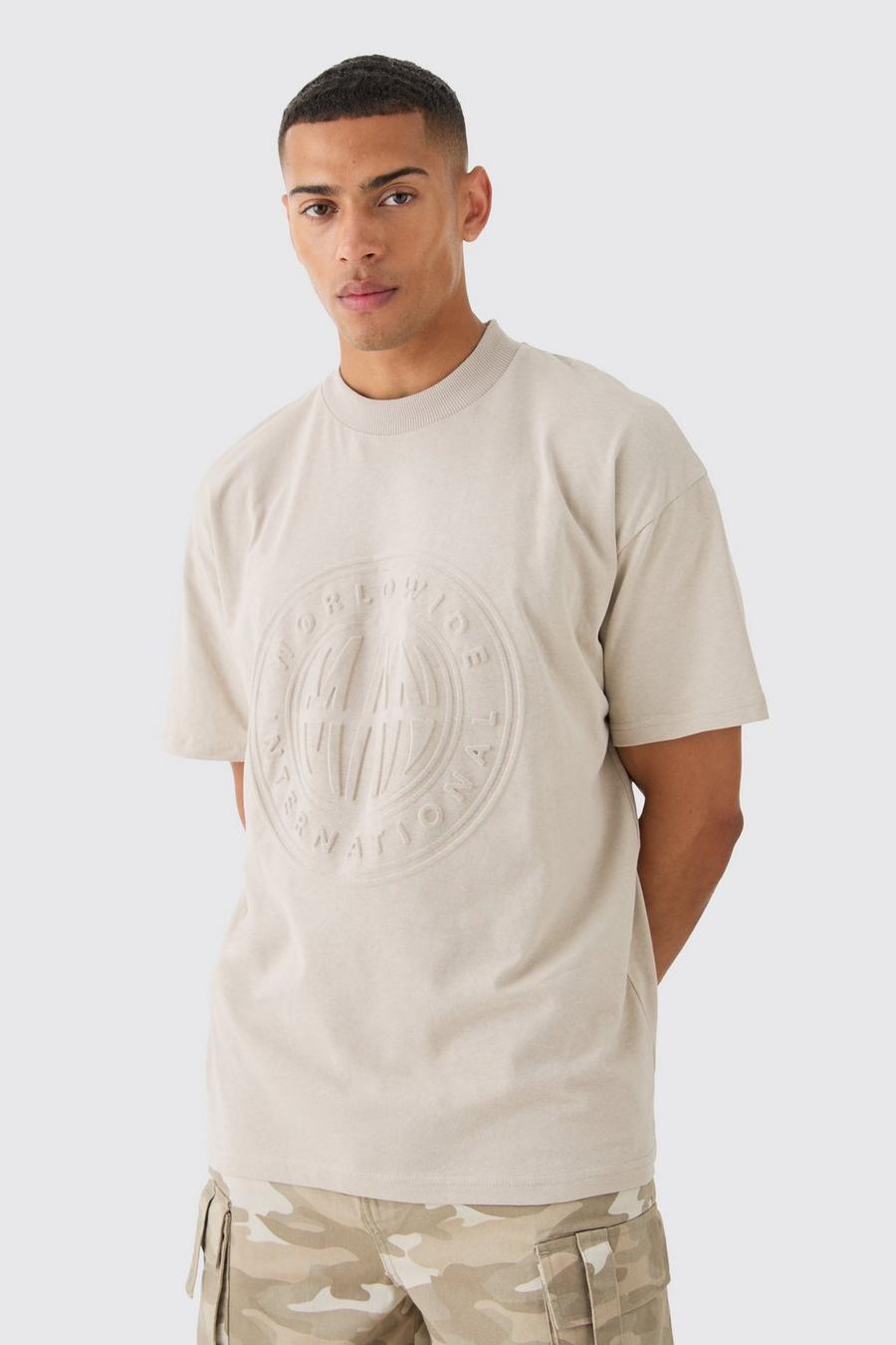 Taupe Oversized Extended Neck Worldwide Embossed T-shirt image number 1