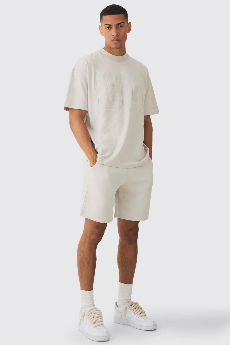 Light grey Oversized Varsity T-Shirt Met Brede Nek En Reliëf En Baggy Shorts Set