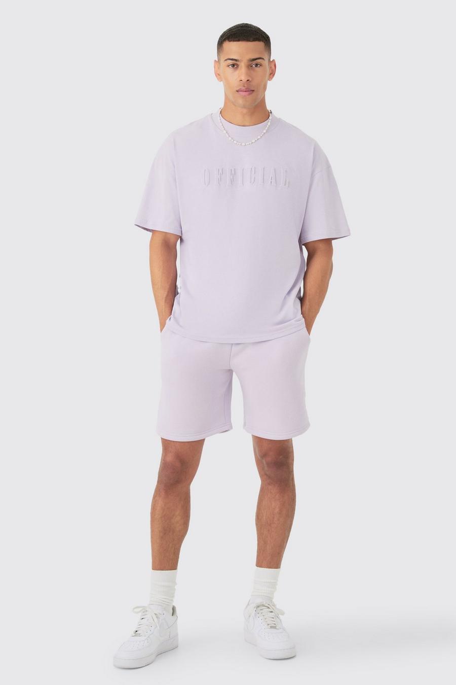 Lilac Oversized Extended Neck Official Embossed T-shirt And Relaxed Short Set