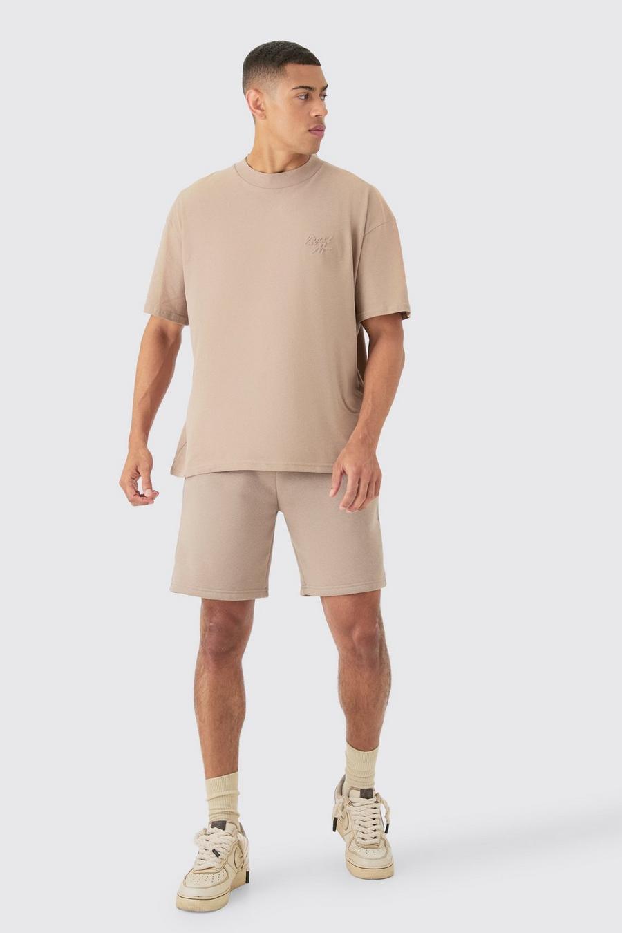 Tan Oversized Extended Neck Official Man Embossed T-shirt And Relaxed Short Set