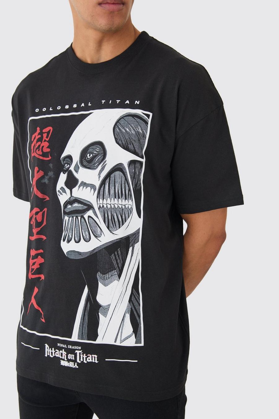 Camiseta oversize con estampado de anime Attack Of Titan, Black image number 1
