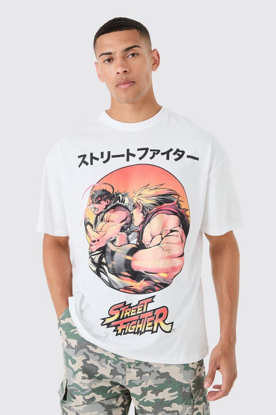 White Oversized Street Fighter Anime License T-shirt image number 1