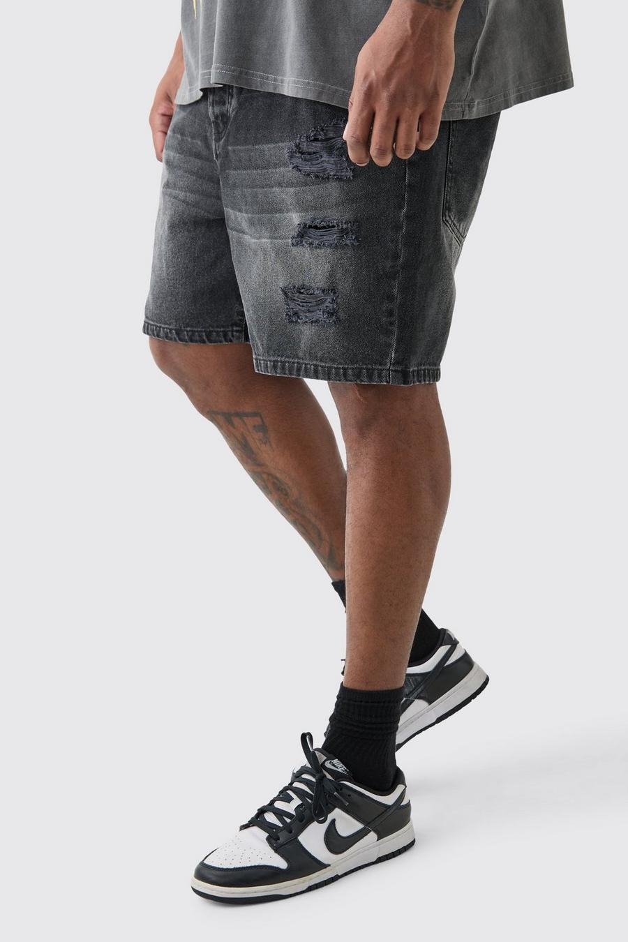 Plus Slim Fit Distressed Denim Shorts In Washed Black image number 1