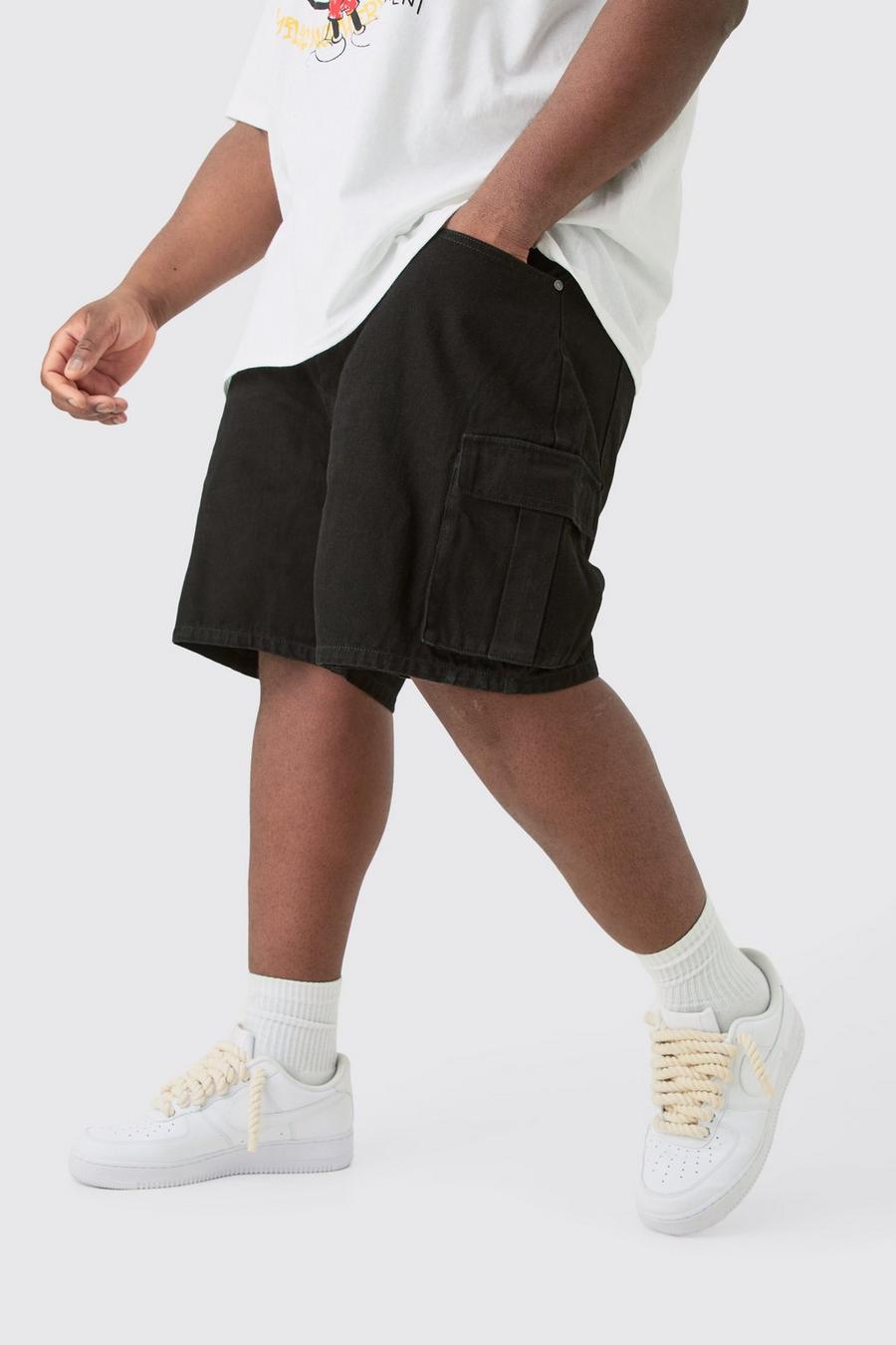 True black Plus Rigid Denim Relaxed Fit Cargo Shorts In Black