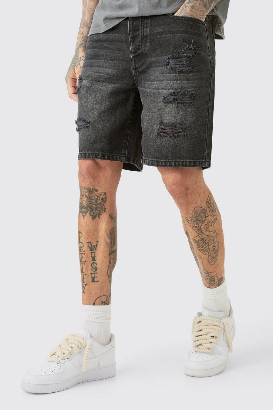 Tall Slim Fit Distressed Denim Shorts In Washed Black image number 1