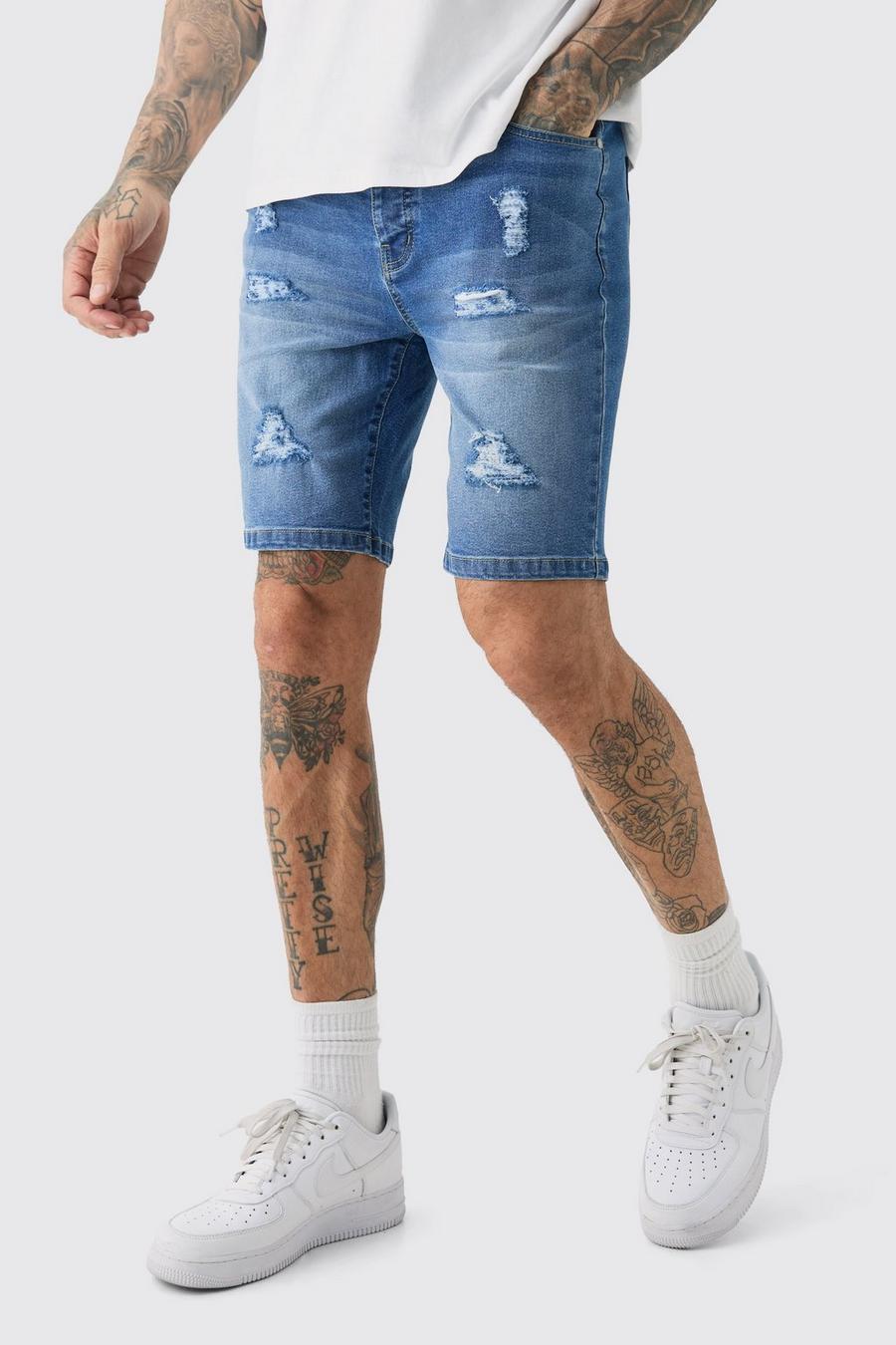Tall Stretch Denim Distressed Skinny Fit Shorts In Mid Wash image number 1