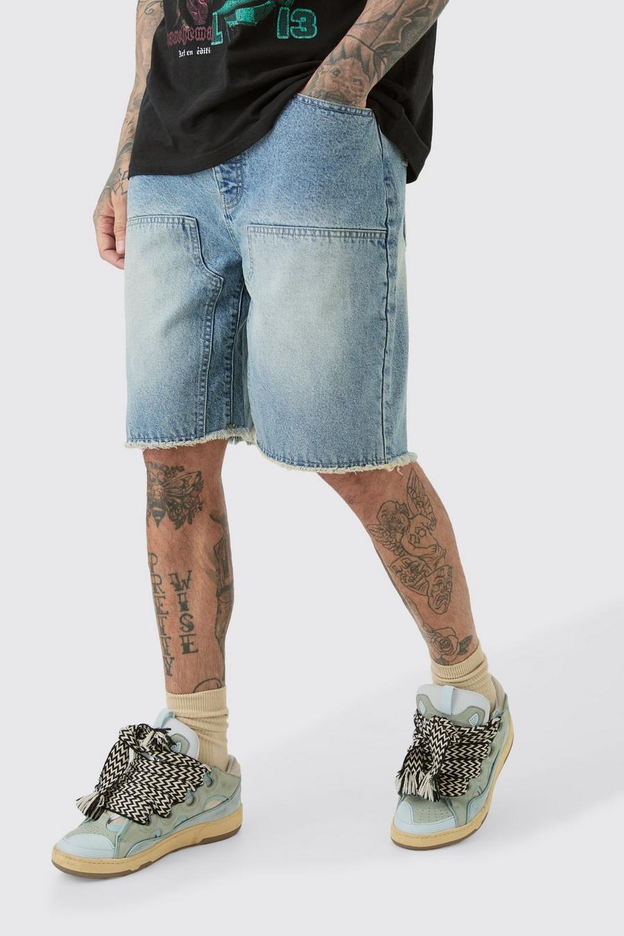 Pantaloncini Tall in denim rigido stile Carpenter con fondo grezzo e lavaggio chiaro, Light wash image number 1