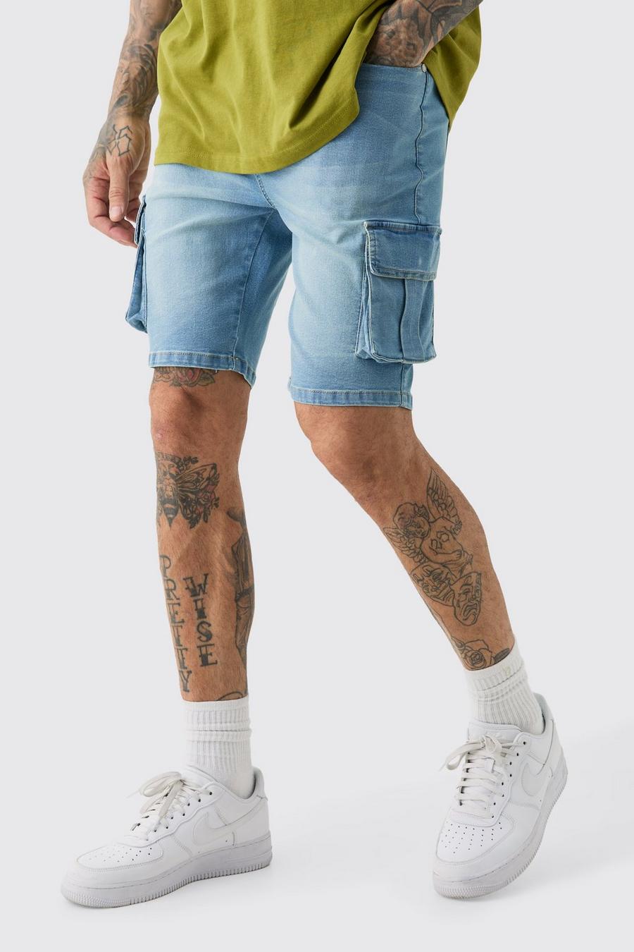 Tall Skinny Stretch Cargo Denim Shorts In Light Wash image number 1
