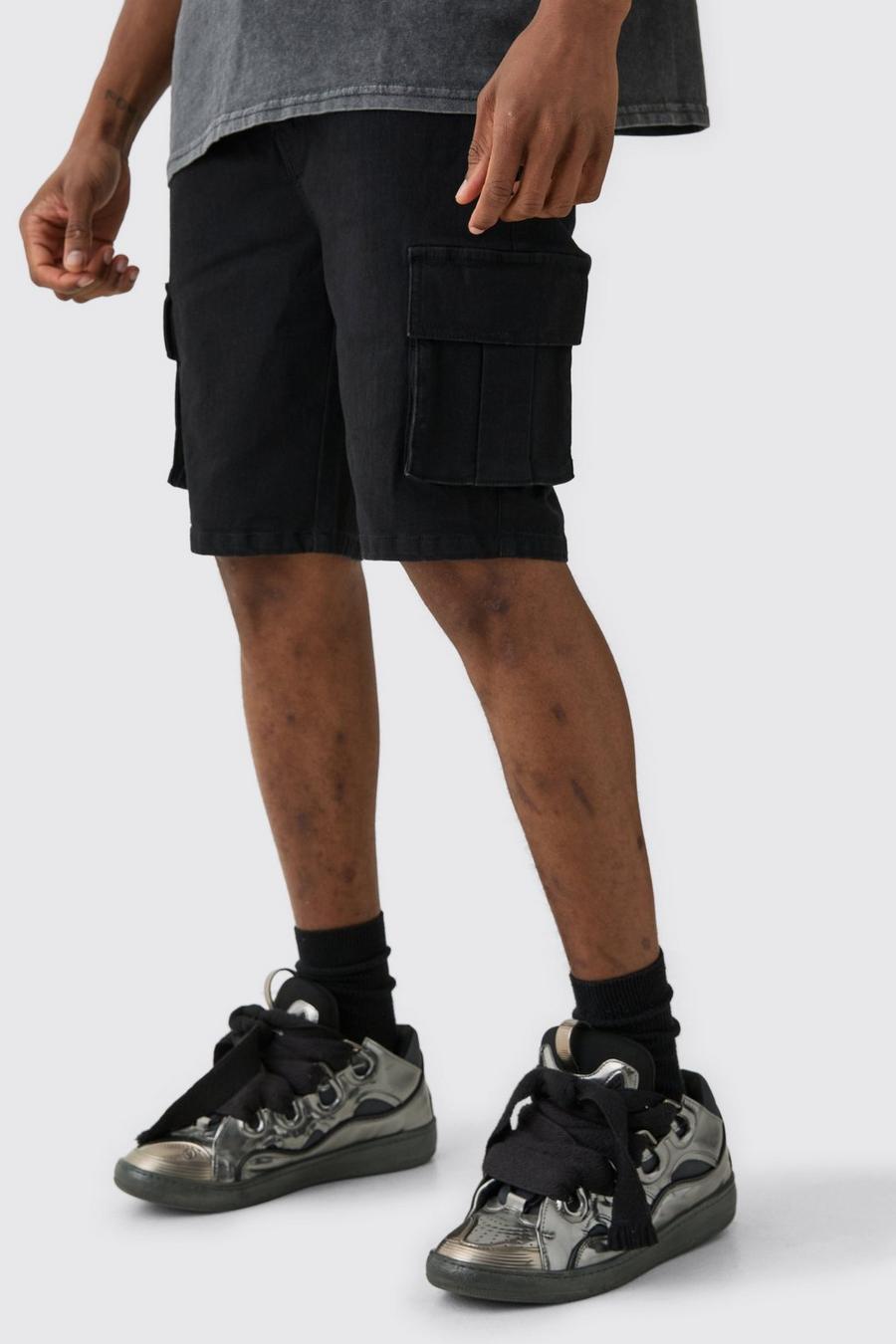 True black Tall Skinny Stretch Cargo Denim Shorts In Black