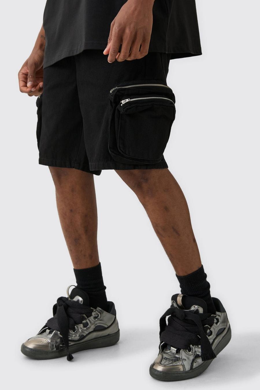 True black Tall Slim Fit 3d Cargo Pocket Denim Shorts In Black