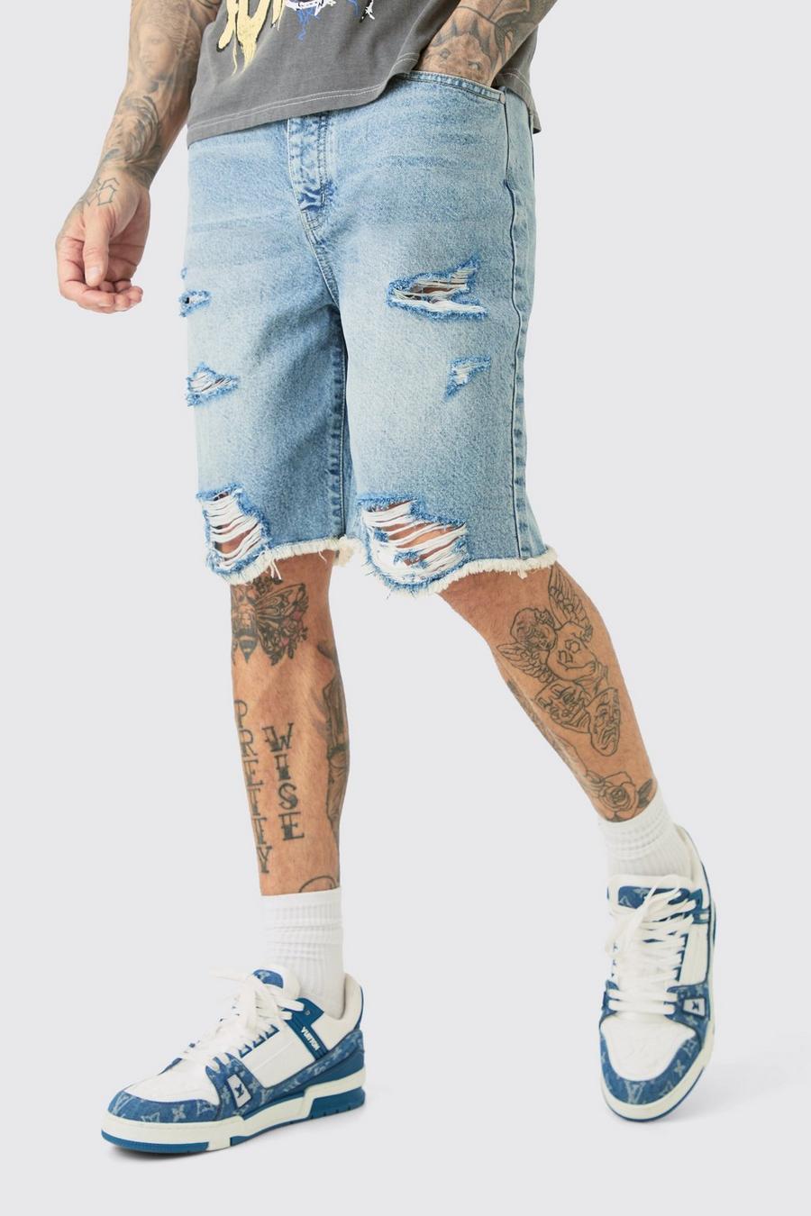 Tall Multi Rip Relaxed Fit Denim Shorts In Light Wash