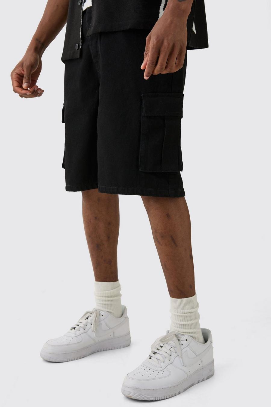 True black Tall Rigid Denim Relaxed Fit Cargo Shorts In Black