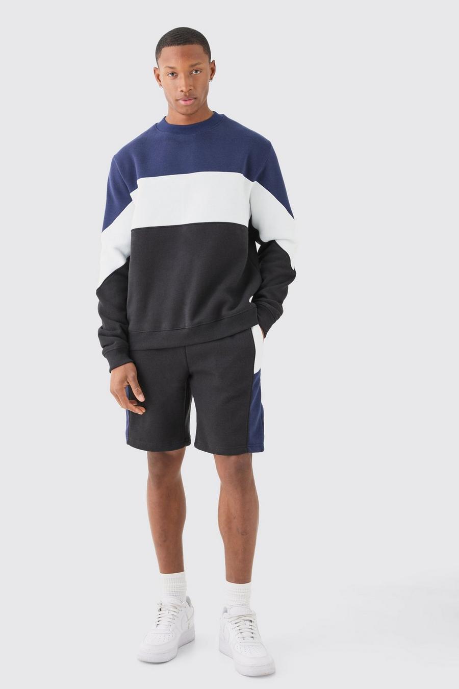 Navy Sweatshirt och shorts med blockfärger image number 1