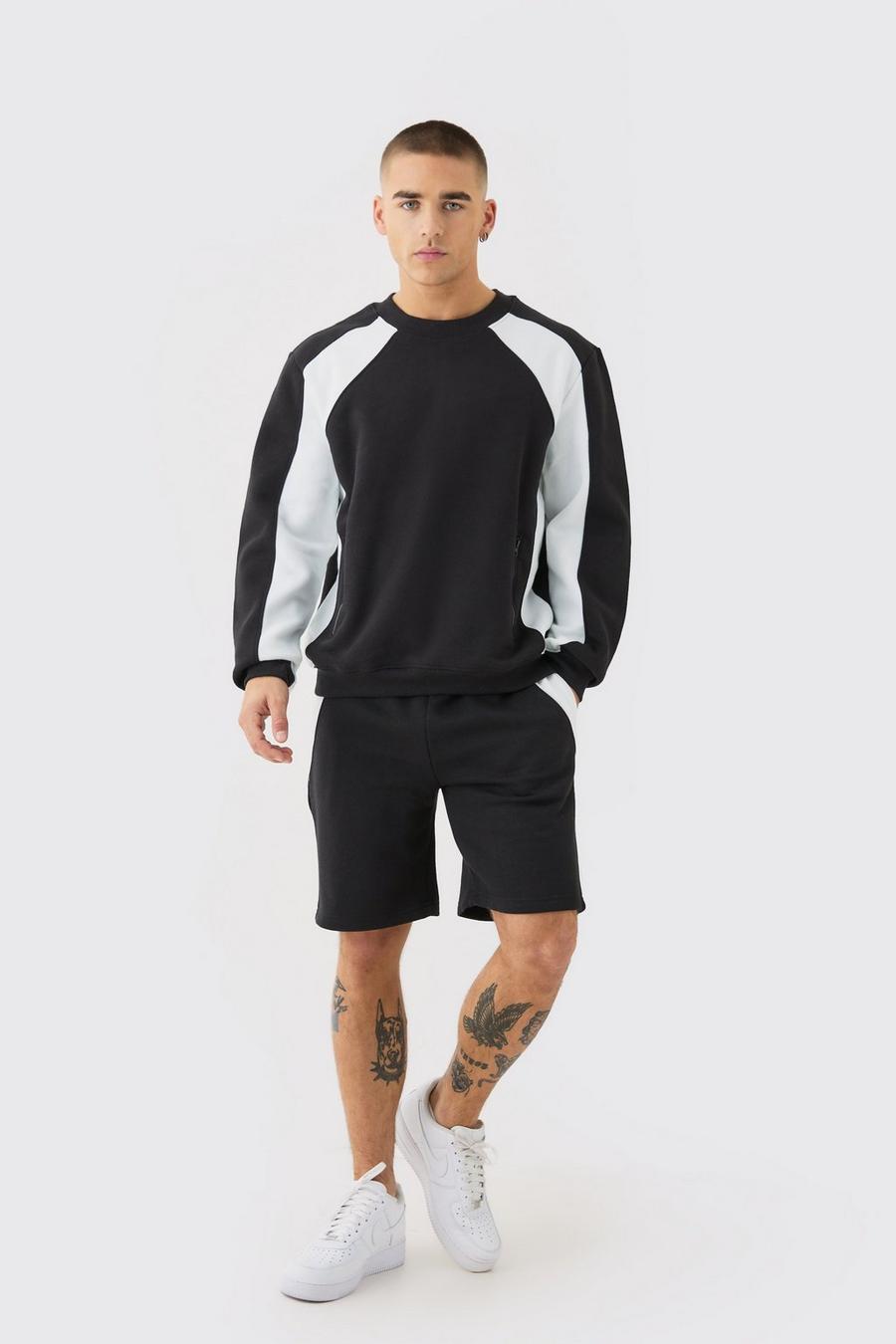 Kurzer Colorblock Sweatshirt-Trainingsanzug mit Reißverschluss-Detail, White image number 1