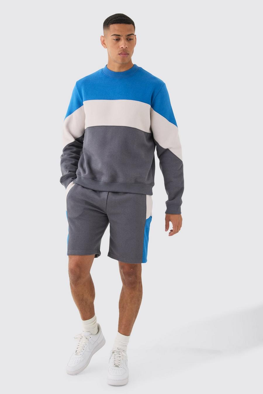 Blue Sweatshirt och shorts med blockfärger image number 1