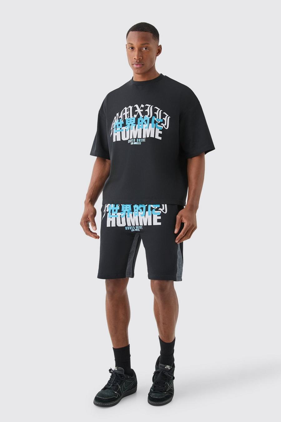 Black Homme Denim T-Shirt Met Print En Shorts Set