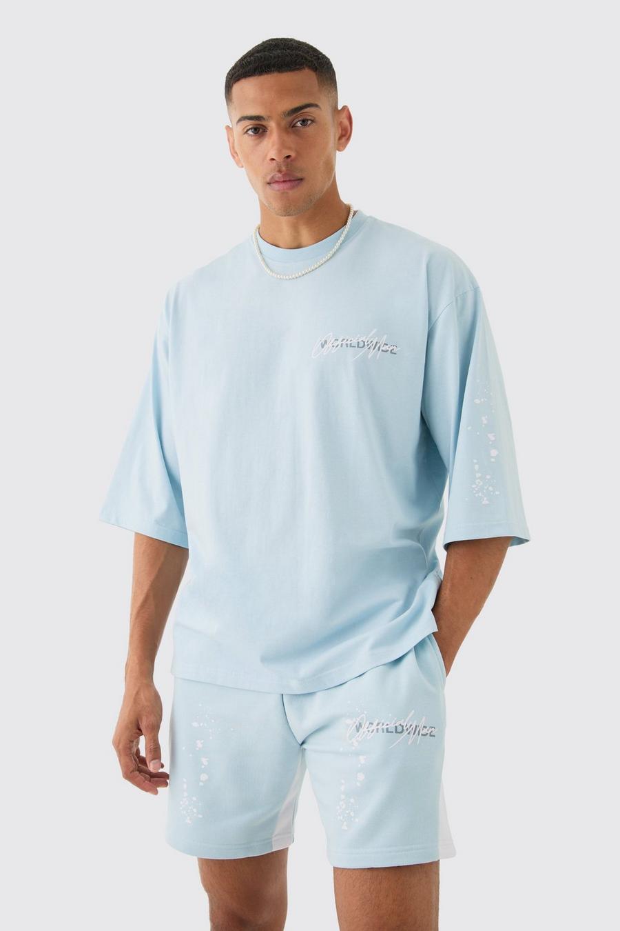Oversize T-Shirt mit Graffiti-Print und Shorts, Light blue image number 1