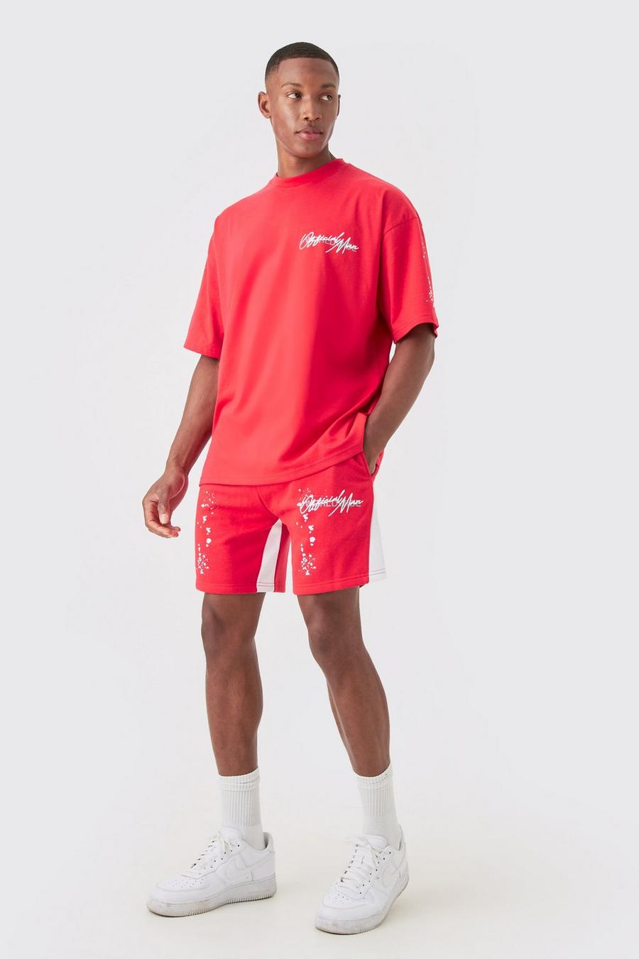 Red Oversize t-shirt och shorts med kort ärm och färgstänk