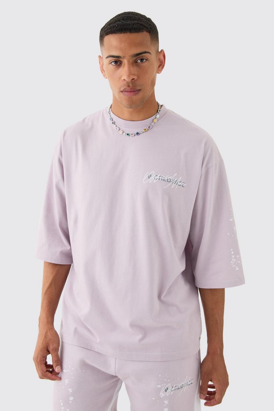 Lilac Oversized Graffiti T-Shirt Met Verfspetters En Halve Mouwen image number 1