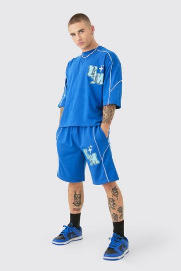 Oversized Boxy Half Sleeve BM Print T-shirt & Short Set cobalt