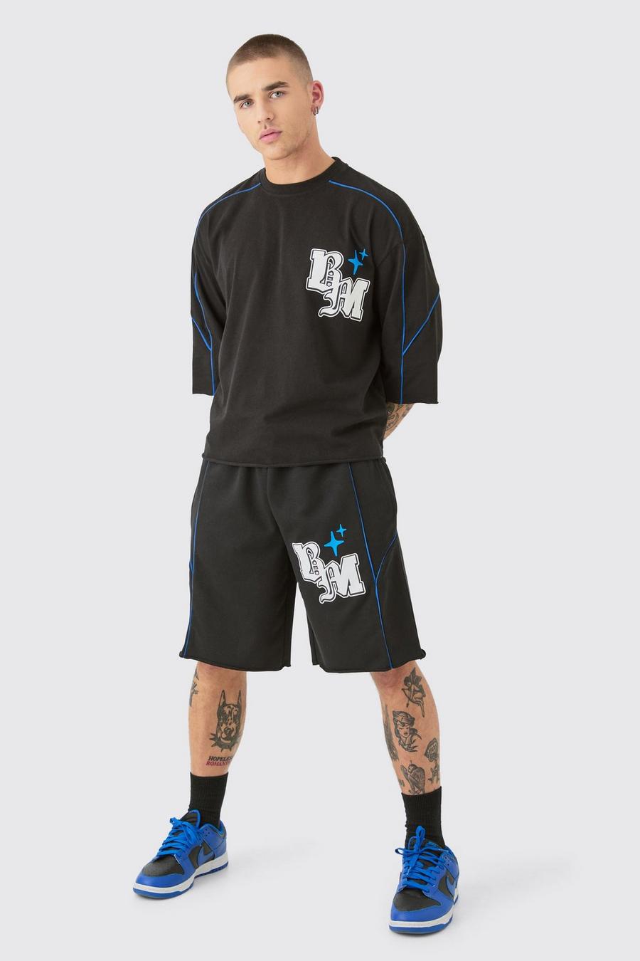 Black Oversized Boxy Half Sleeve BM Print Raw Hem T-shirt Set