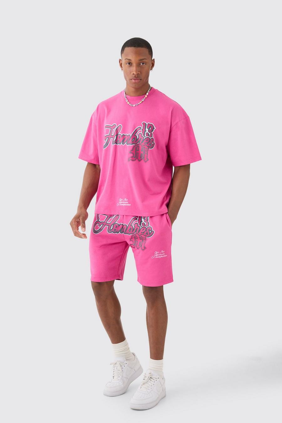 Kastiges Oversize T-Shirt mit Homme-Print und Shorts, Rose image number 1