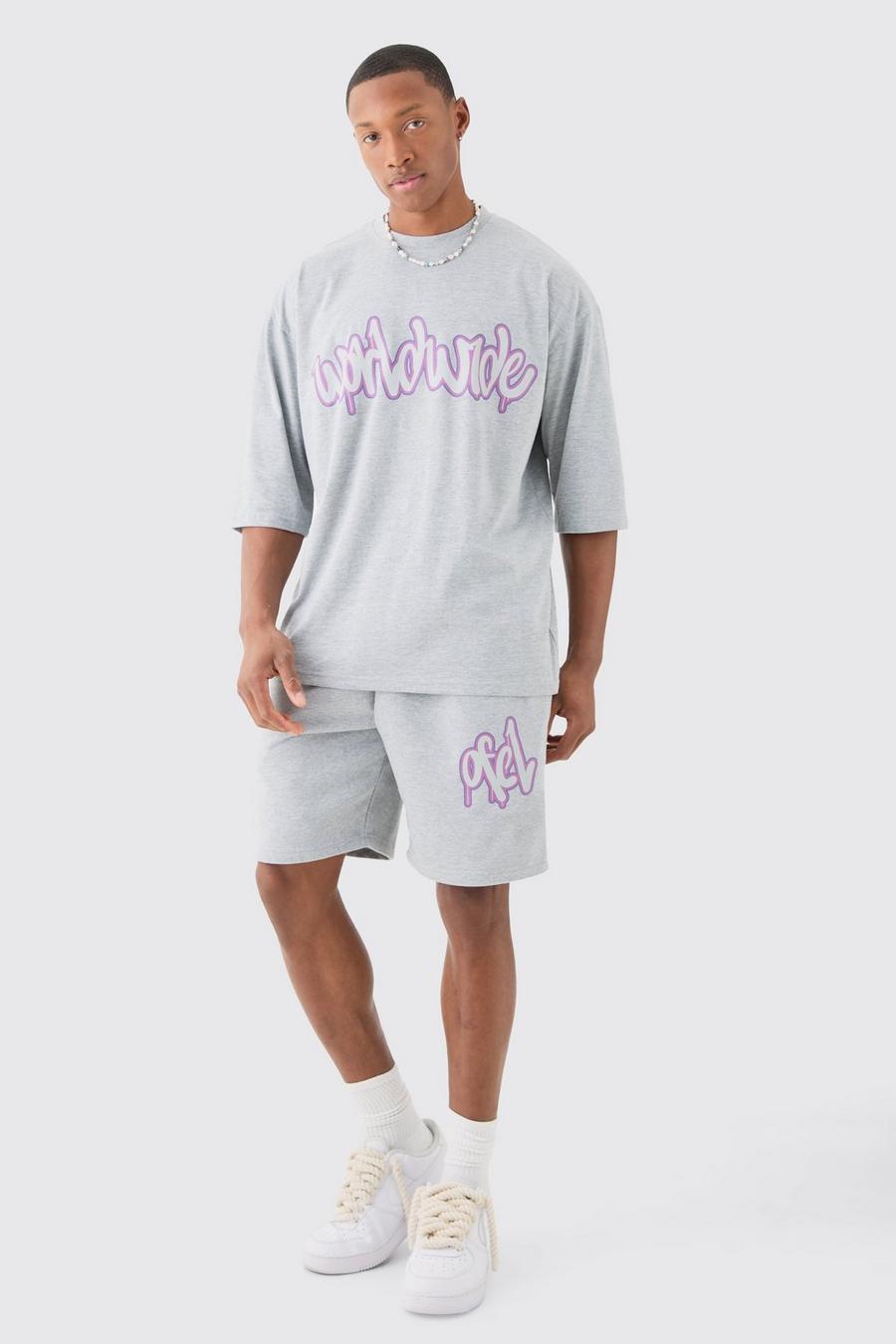 Grey Oversized Worldwide Half Sleeve T-shirt And Short Set
