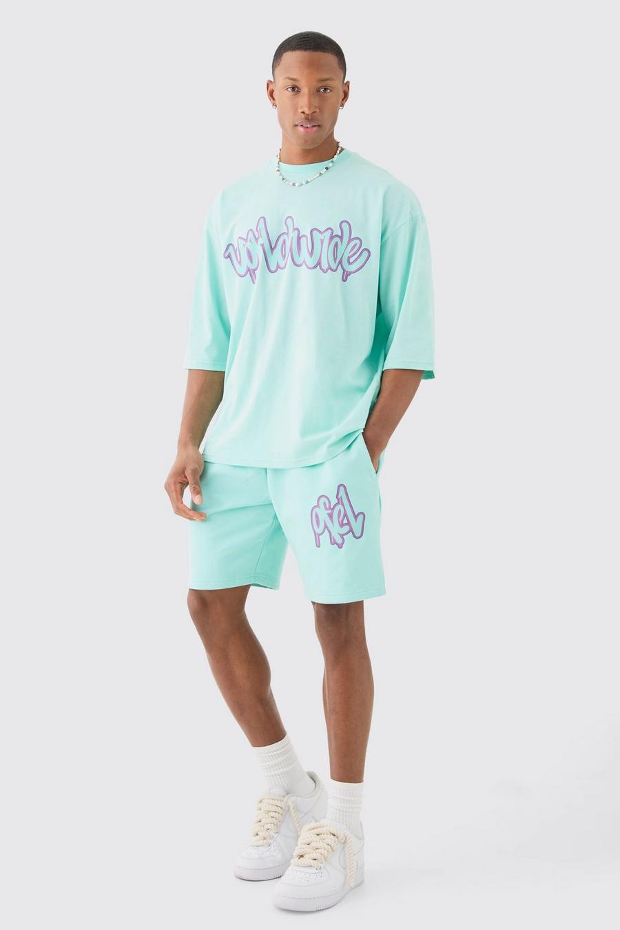Oversize Worldwide T-Shirt und Shorts, Aqua