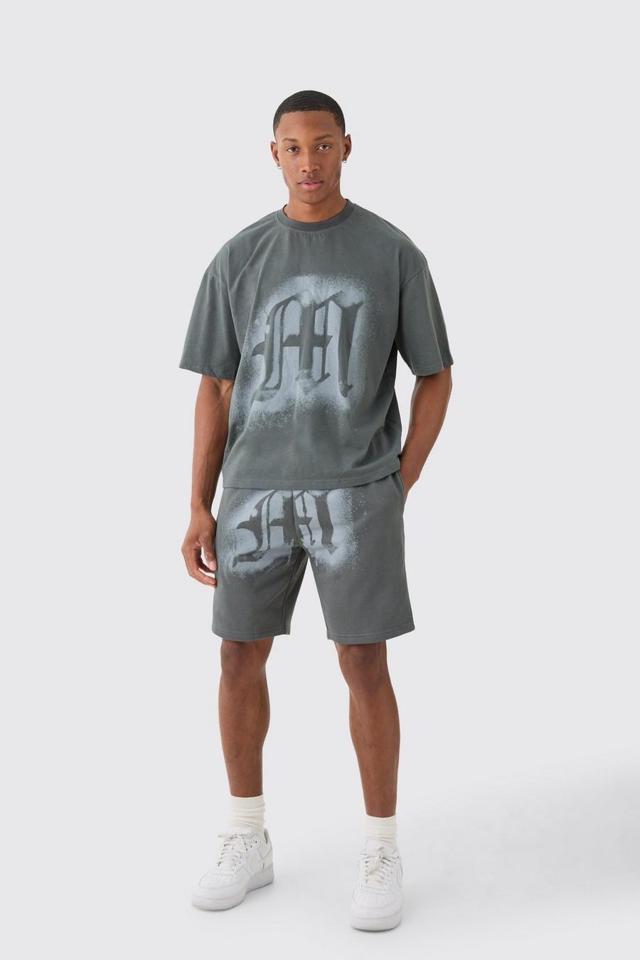 Conjunto oversize de camiseta recta con estampado gráfico de espray y grafiti, Grey image number 1