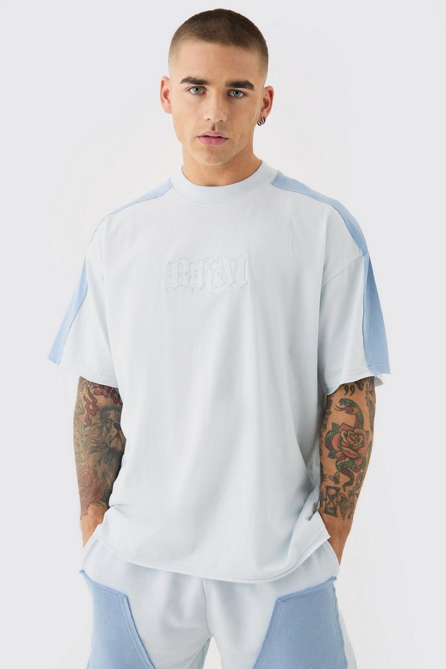 T-shirt oversize con applique di lettere gotiche e lettere Bm, Light blue