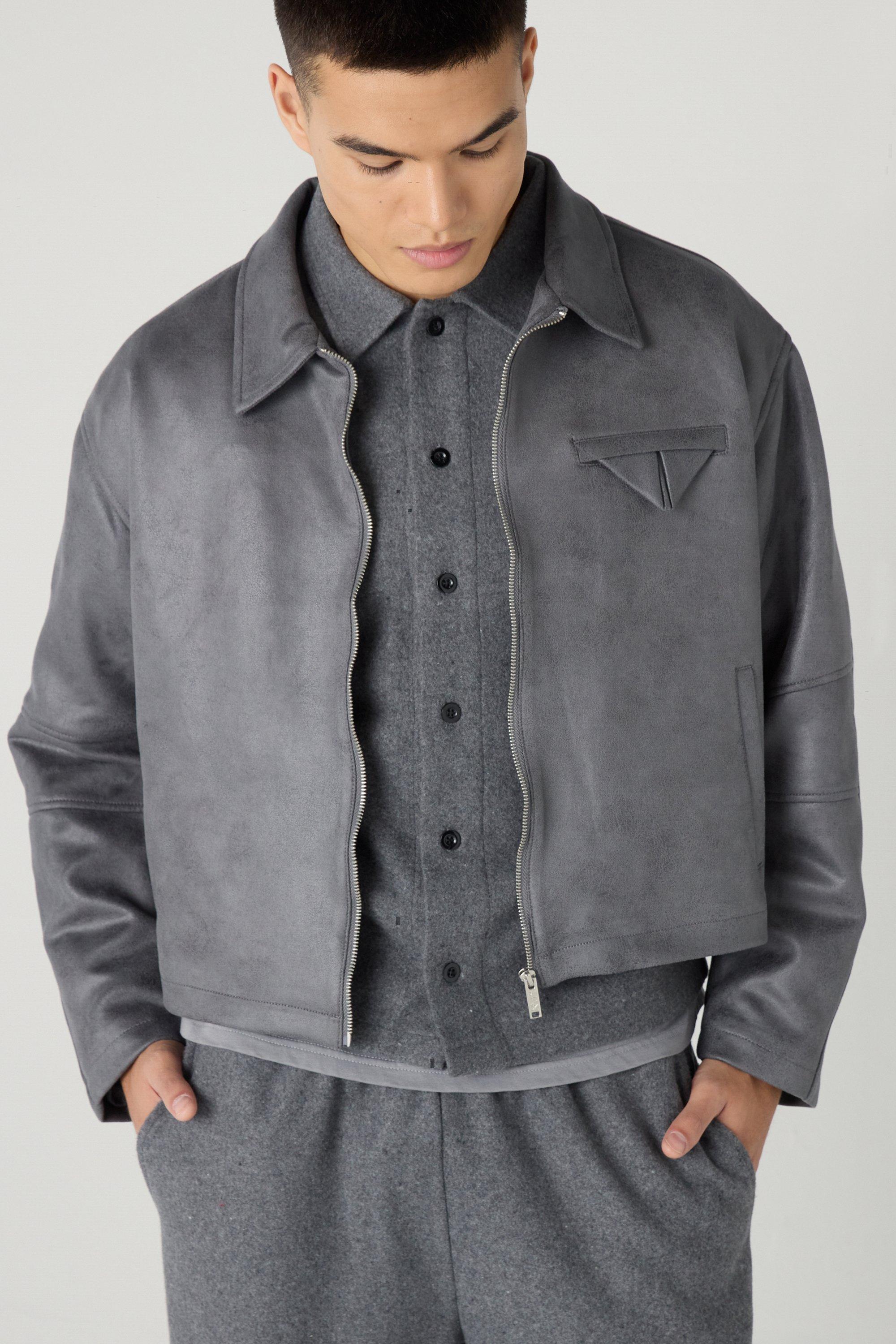 Boxy Washed Collared Harrington Jacket In Grey