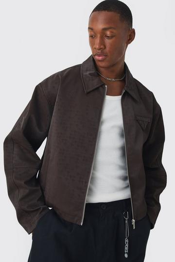 Boxy Satin PU Dogtooth Harrington Jacket In Chocolate chocolate