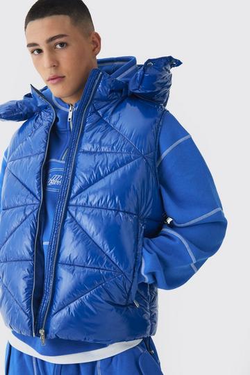 Gewatteerde Glanzende Vinyl Bodywarmer Met Stiksels En Capuchon In Blauw blue