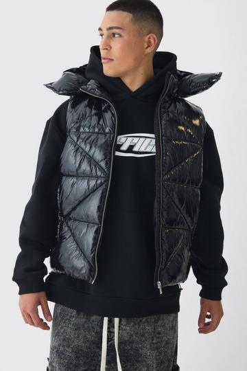 Black Quilted High Shine Vinyl Hooded Gilet In Black