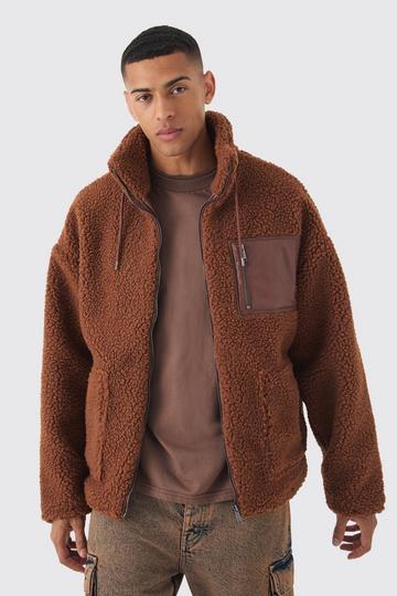 Brown Borg Funnel Neck Pu Pocket Jacket In Tan