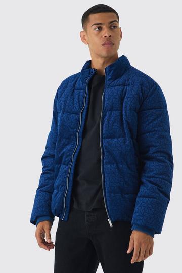 Navy Man Printed Velour Funnel Neck Puffer In Navy