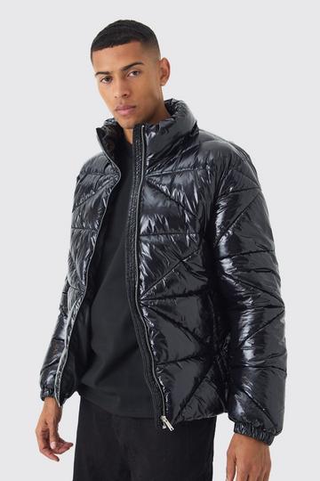 Quilted High Shine Vinyl Funnel Neck Puffer In Black black