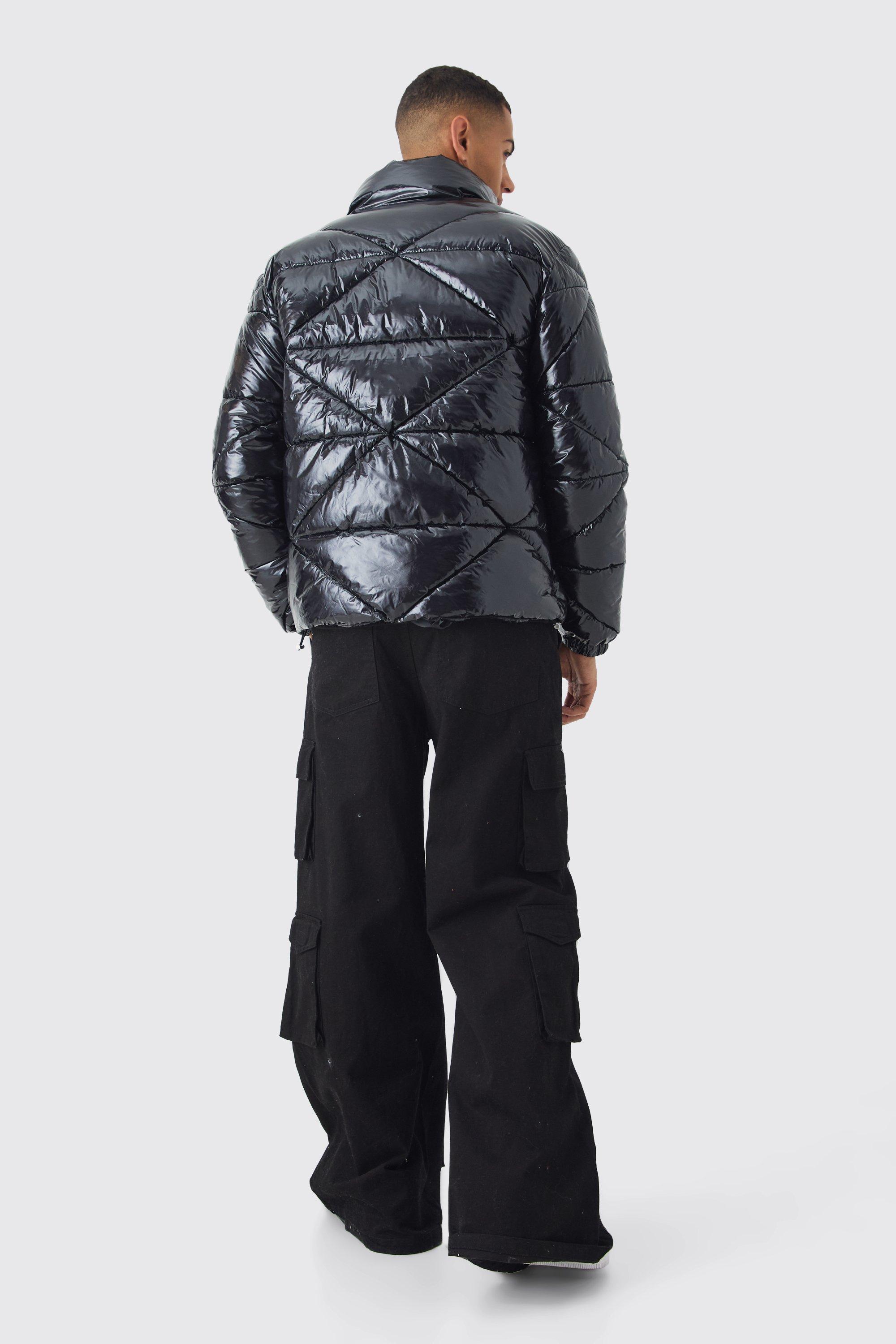 Quilted High Shine Vinyl Funnel Neck Puffer In Black