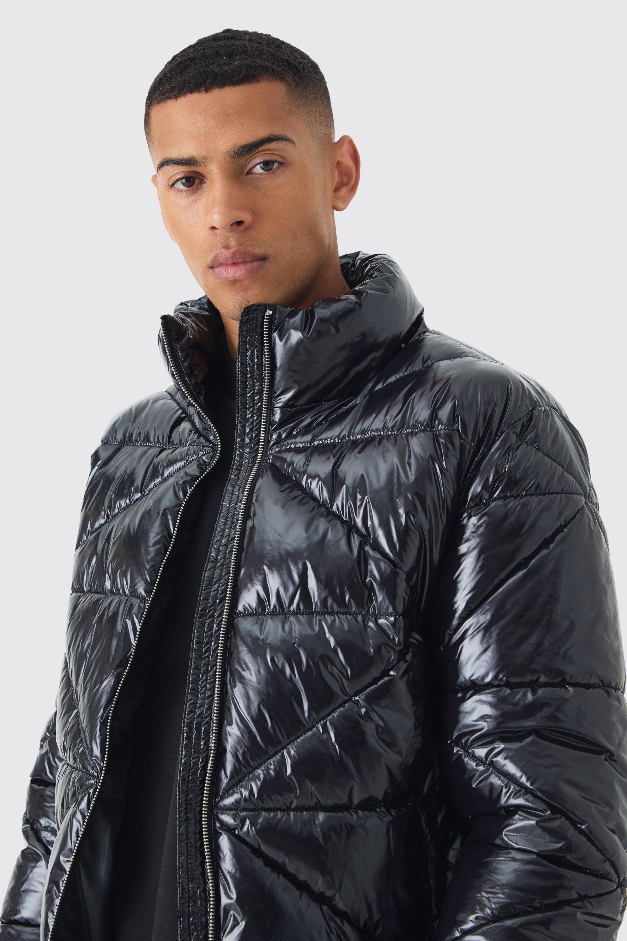 Quilted High Shine Vinyl Funnel Neck Puffer In Black