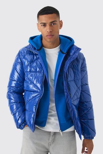 Quilted High Shine Vinyl Funnel Neck Puffer In Blue blue