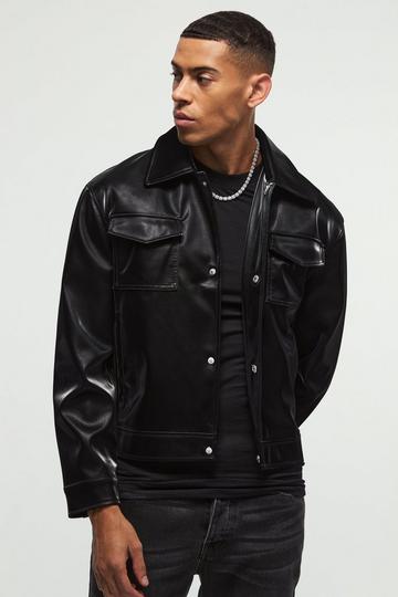 Black High Shine Pu Harrington Jacket In Black