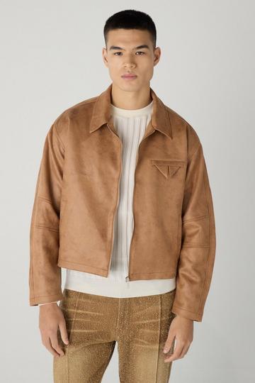 Boxy Washed Collared Harrington Jacket In Brown brown