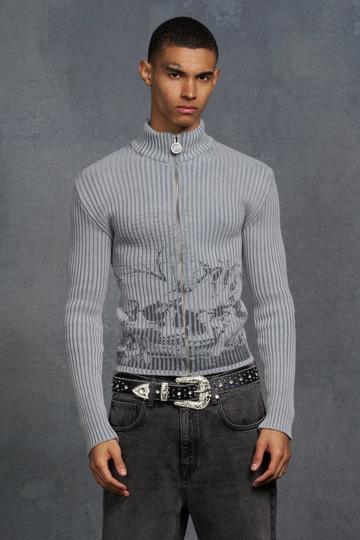 P-Star Muscle Fit Acid Wash Rib Knit Skull Print Sweater grey