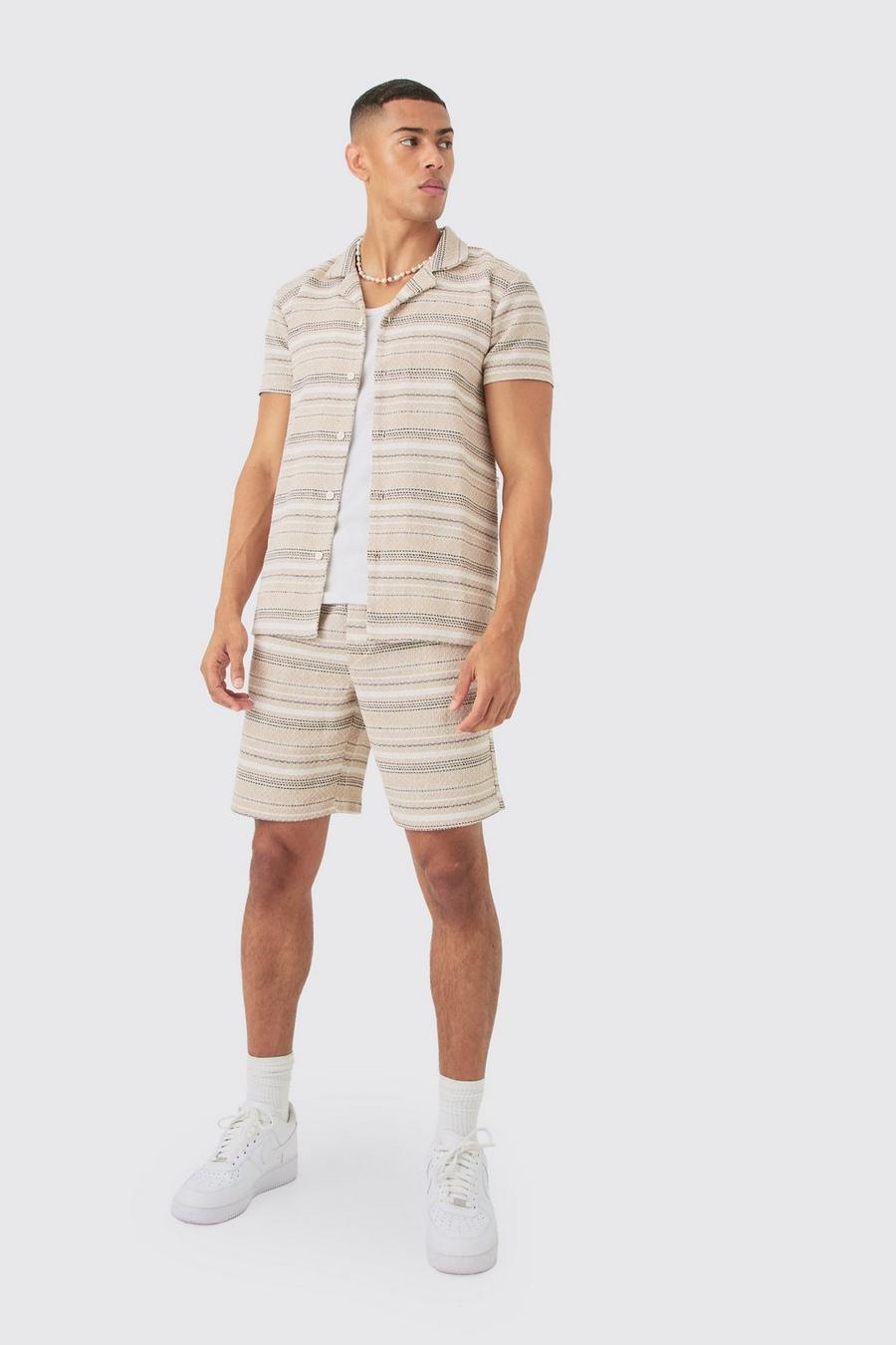 Tan Short Sleeve Textured Stripe Shirt & Short Set