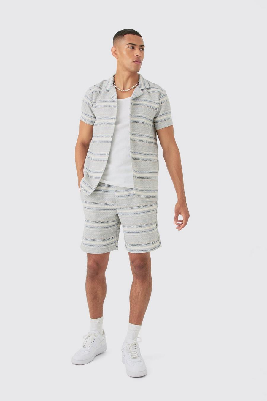 Grey Short Sleeve Textured Stripe Shirt & Short Set image number 1