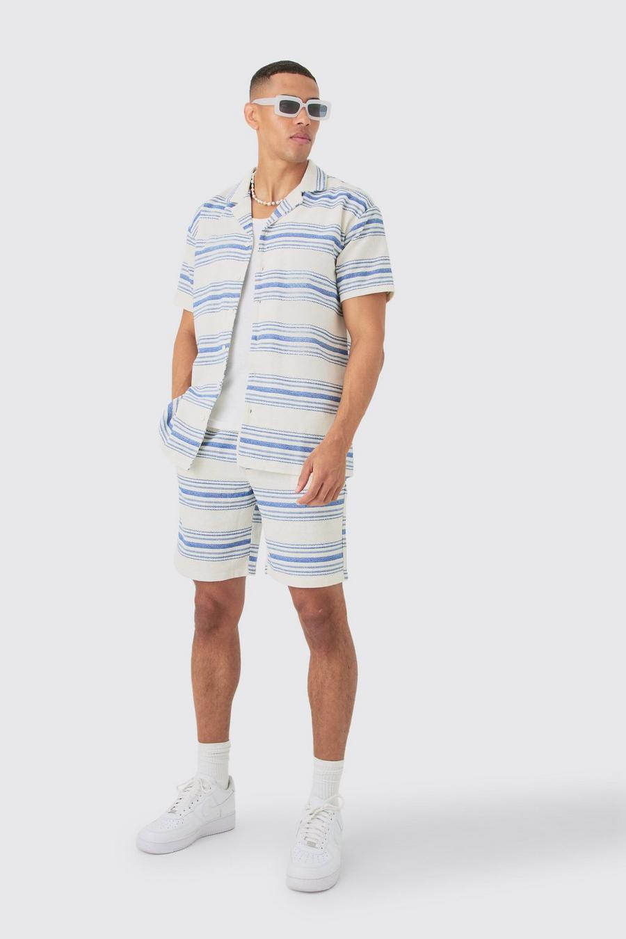 Blue Short Sleeve Aztec Stripe Oversized Shirt & Short Set image number 1